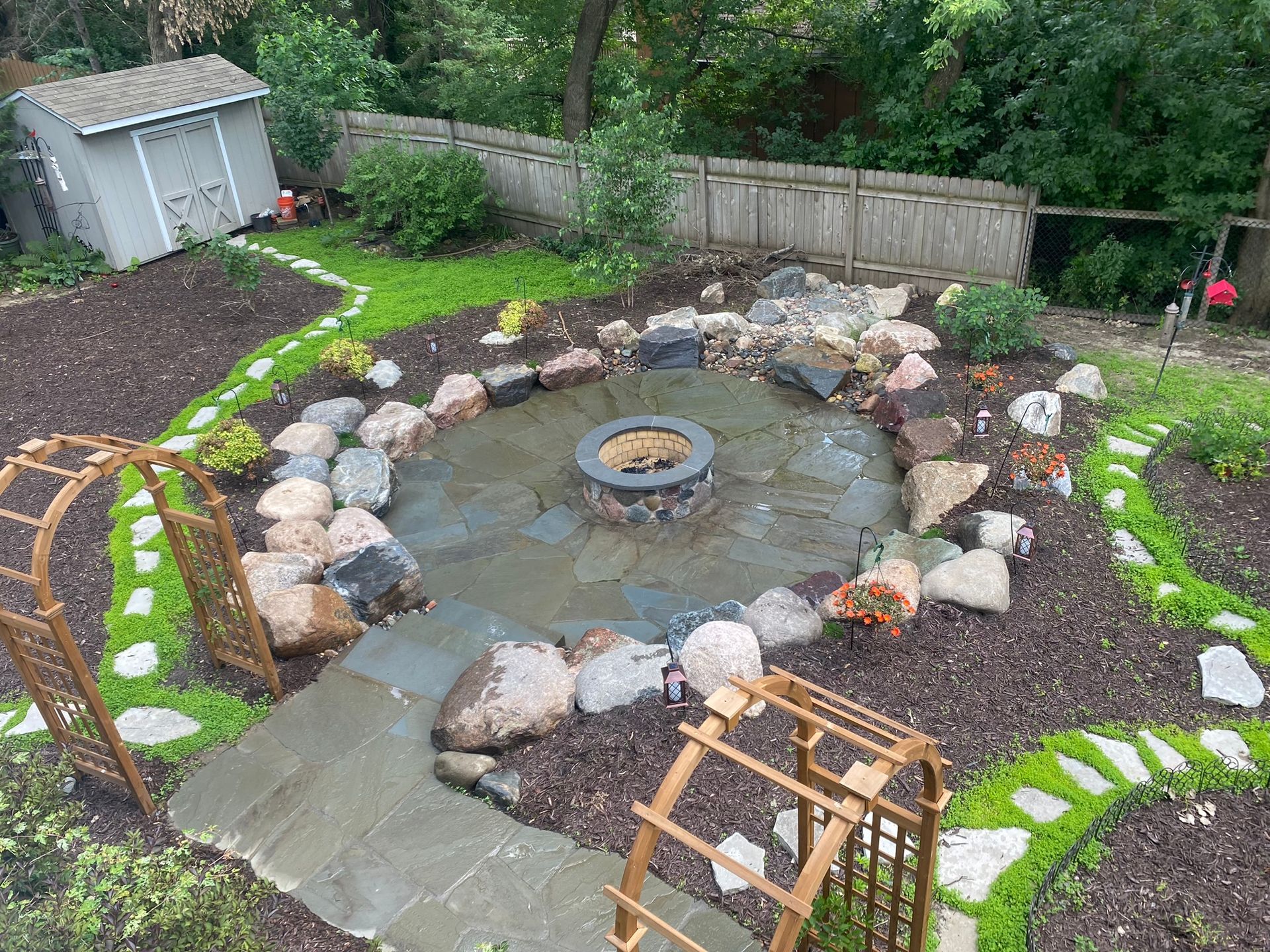 Backyard with stone fire pit, surrounded by large rocks, mulch, and pathways lined with greenery.