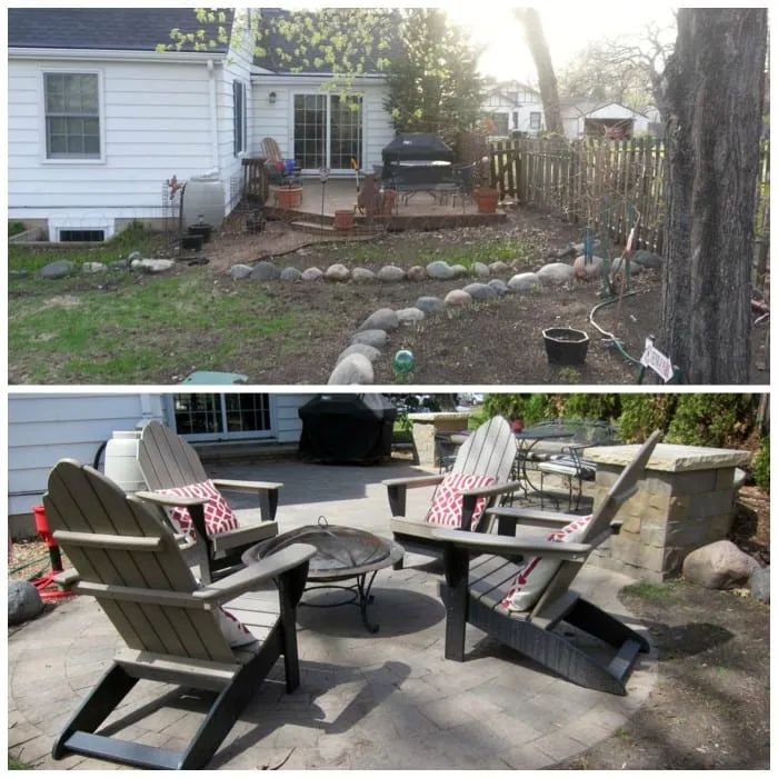 Before and after: grassy backyard transformed into a paved patio with seating and an outdoor kitchen