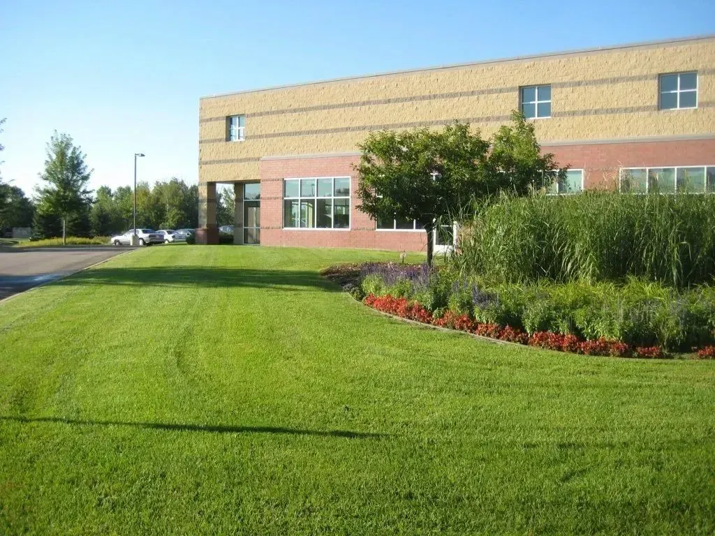 Lush green lawn with a building in the background; a tree and flowerbed are in the foreground.