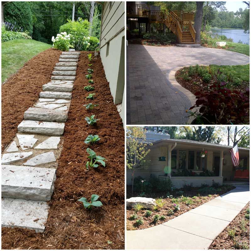 Three landscaping images: stone steps, brick patio by water, and a house with a walkway and landscaping.