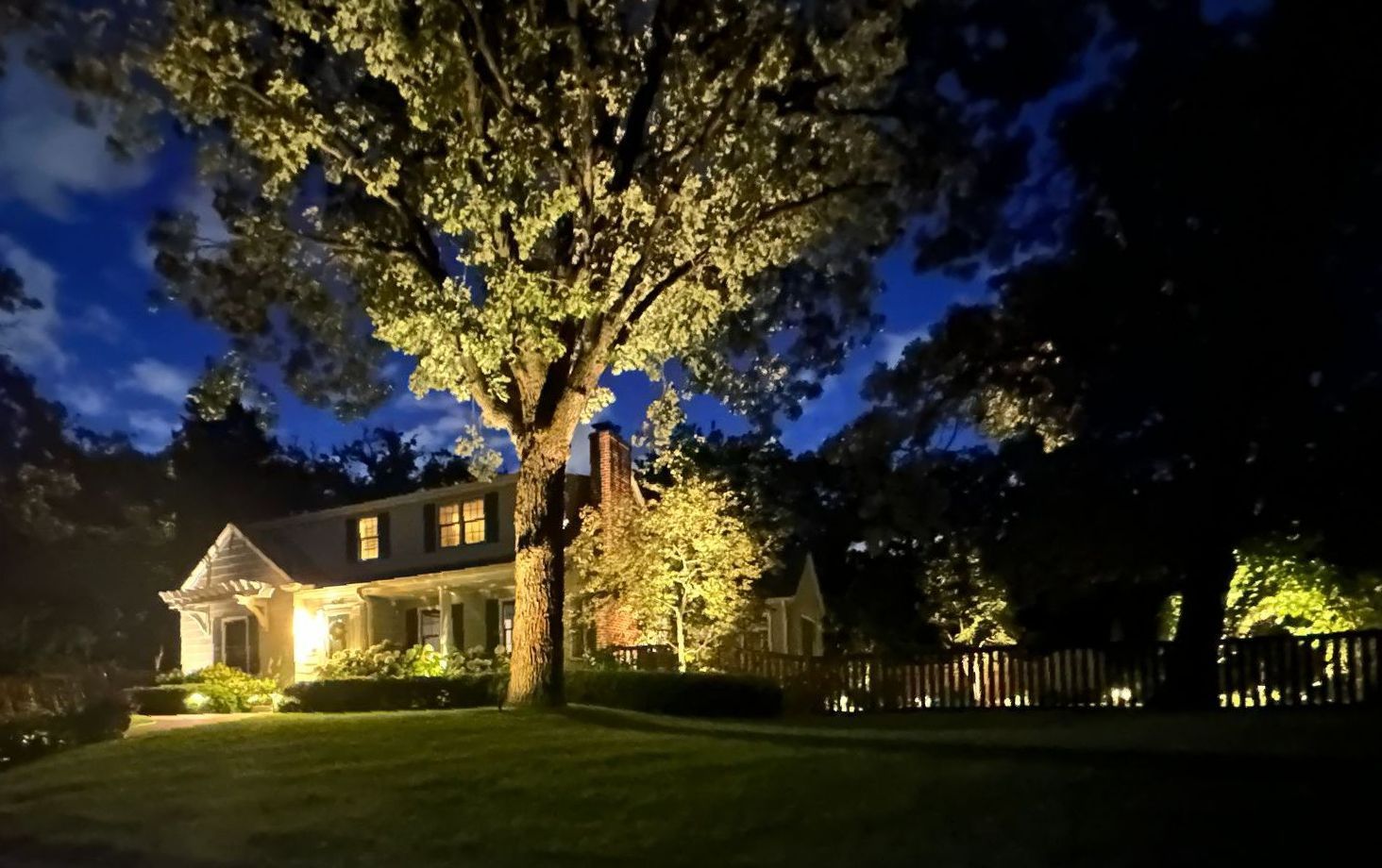 great looking outdoor lighting uplighting trees, the house and walkways in MN 