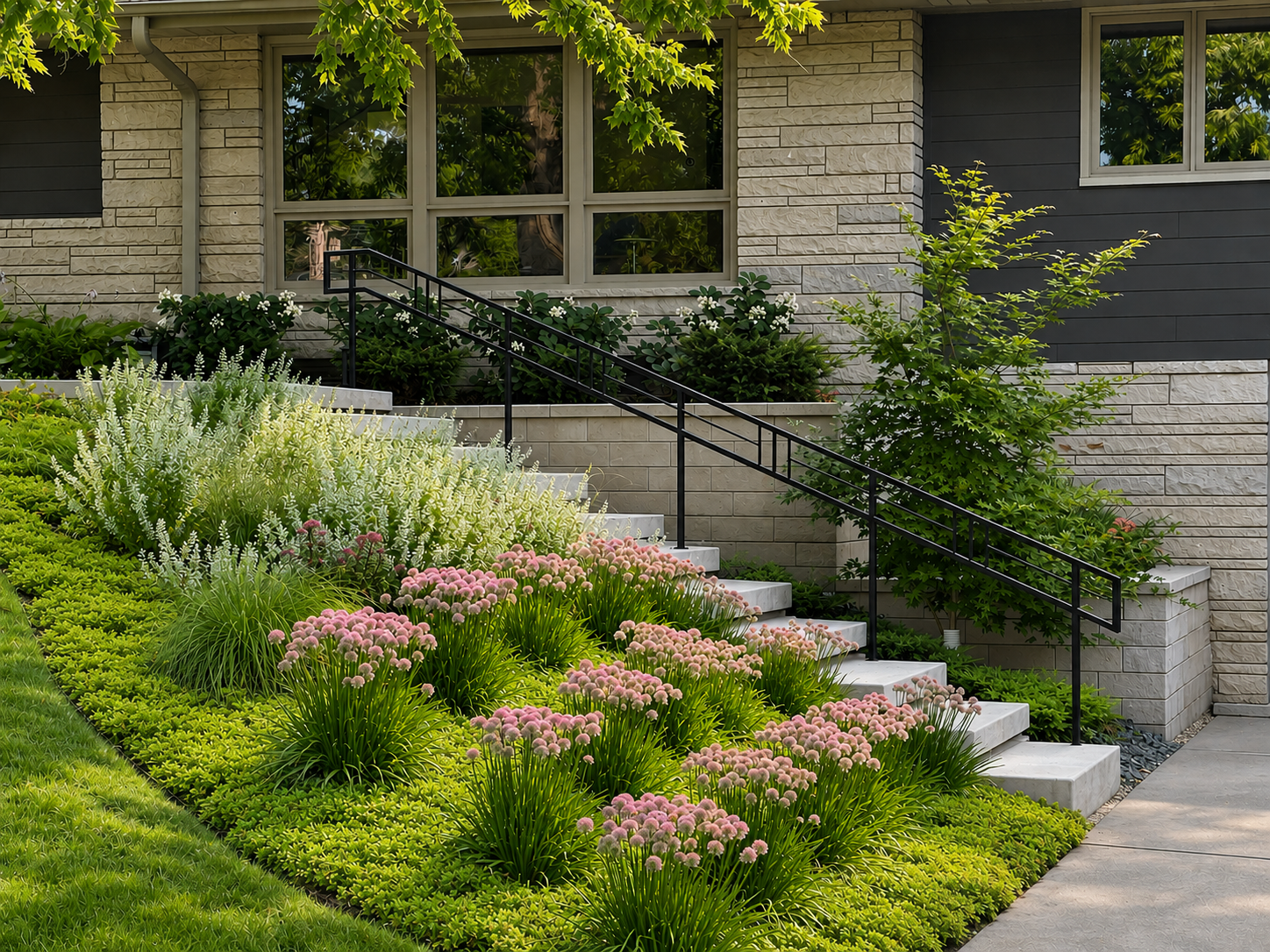Mid-century front yard with floating steps, retaining walls, allium, sedum, calamint, and Japanese maple, Minneapolis