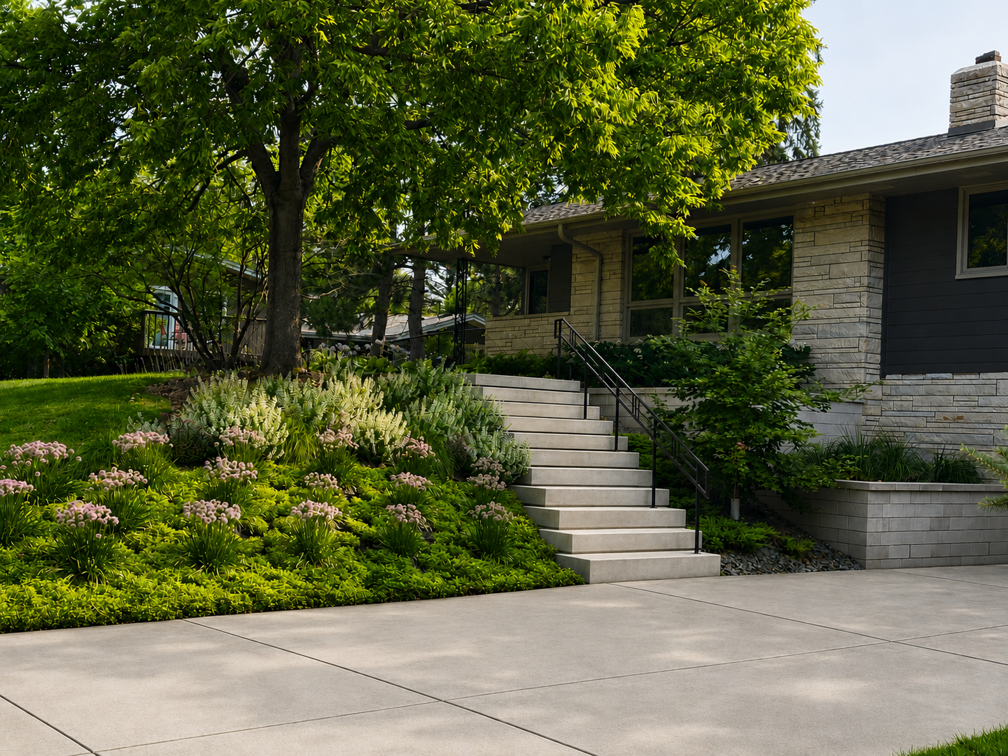Mid-century modern hillside front yard with floating concrete steps and allium and sedum plantings, Golden Valley MN