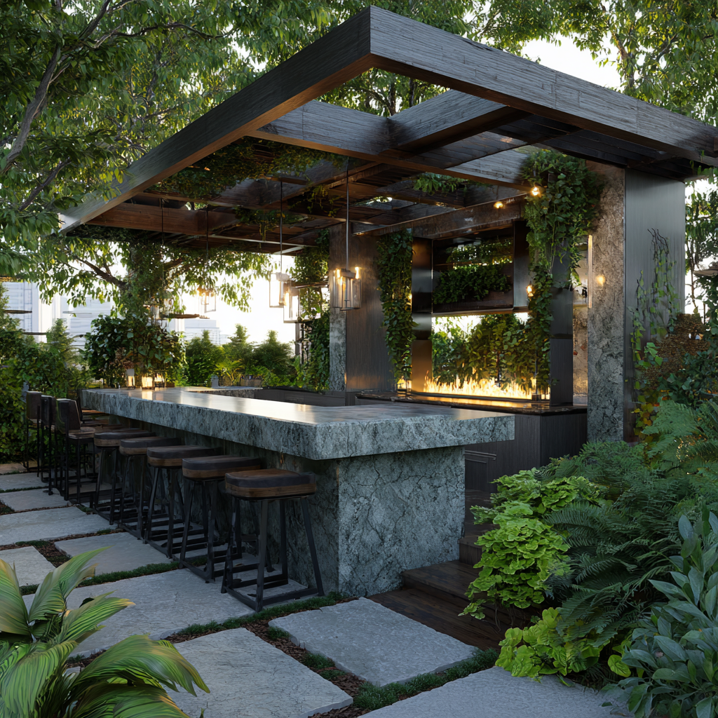 example of dark wood pergola over an outdoor kitchen
