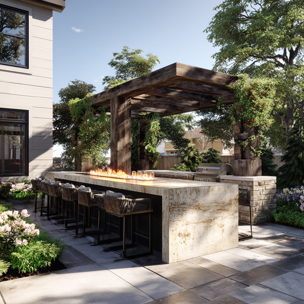 outdoor kitchen in southern minnesota surrounded by landscaping