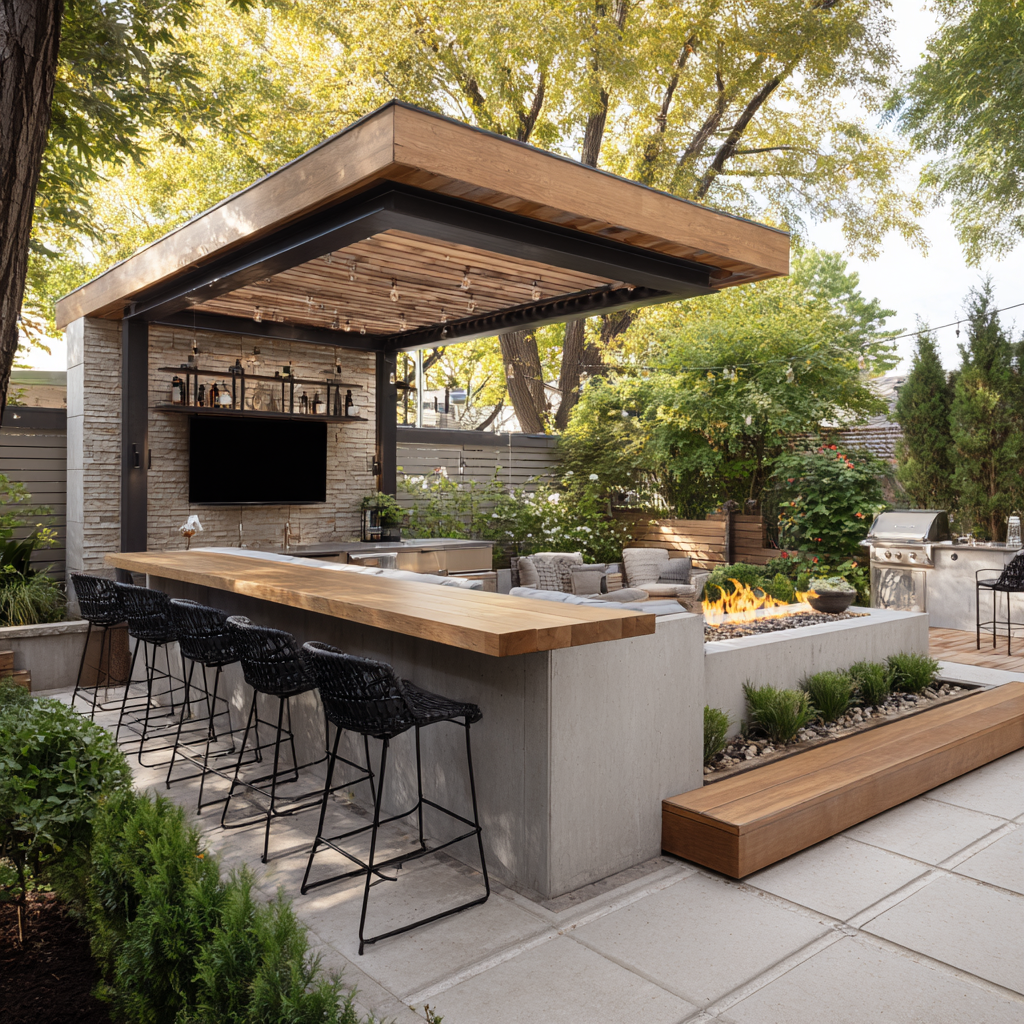 Pergola over a patio and outdoor kitchen in MN 