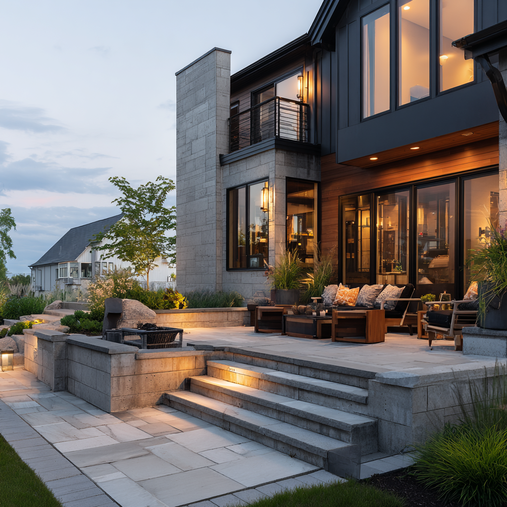 modern house with walk out patio in backyard
