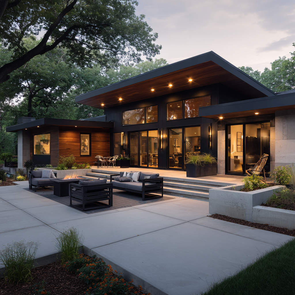 Modern home exterior with patio, outdoor seating, large windows, and landscaped yard.
