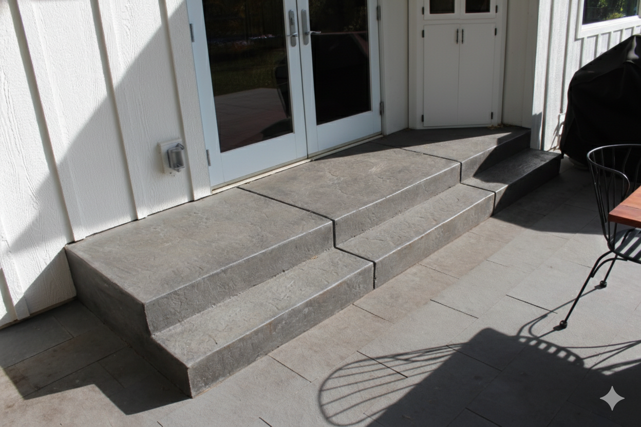 Colored concrete step and landing off French doors onto a gray bluestone patio