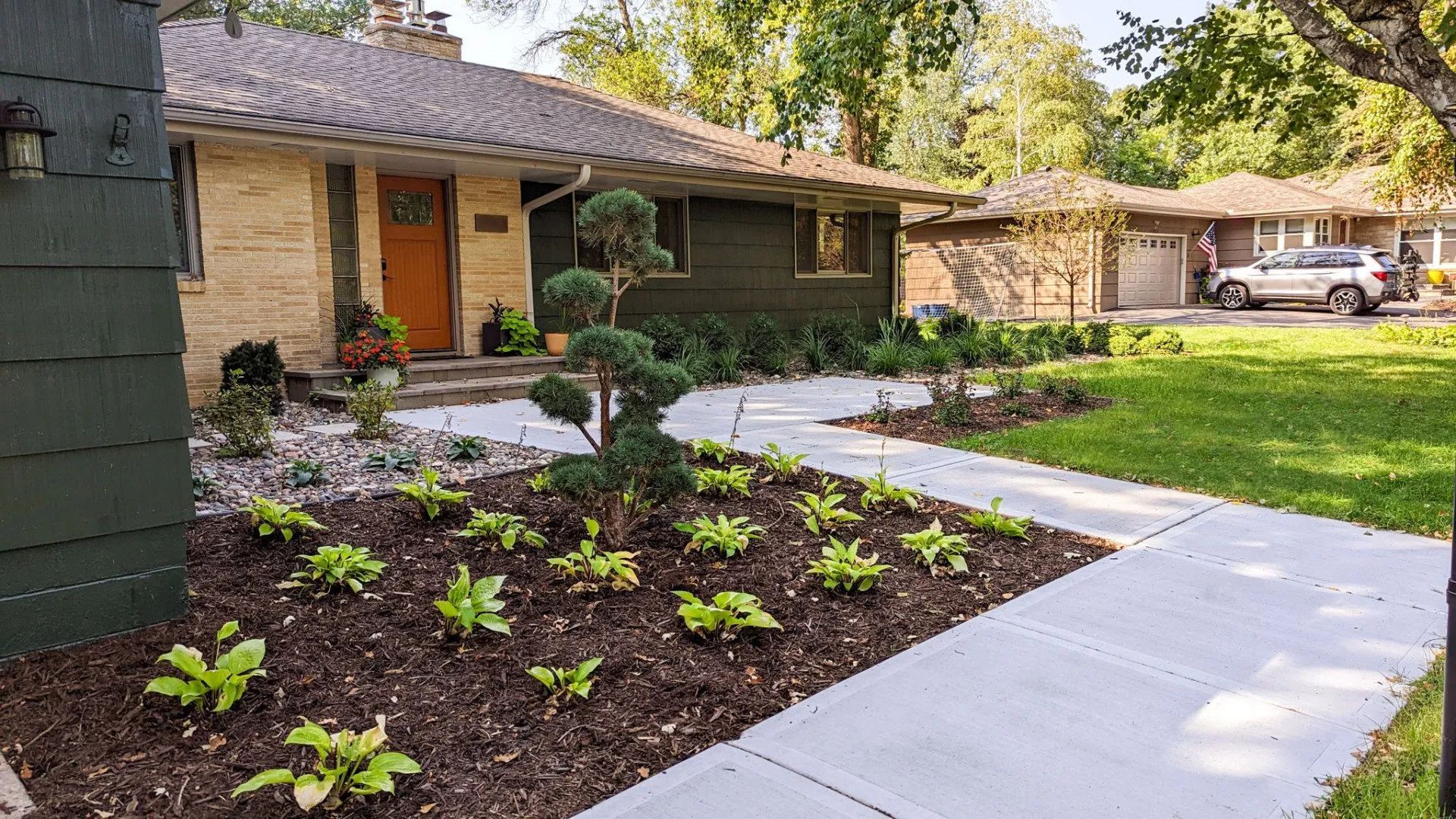 A ranch-style house with a newly landscaped front yard, including a concrete walkway and various plants.