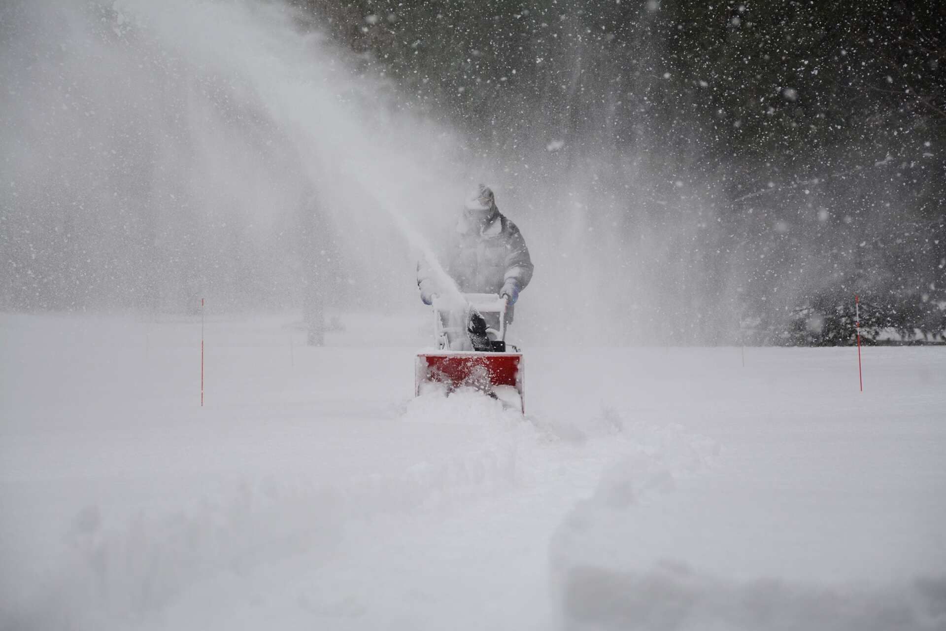 Person using a red snowblower to clear a snowy path outdoors.