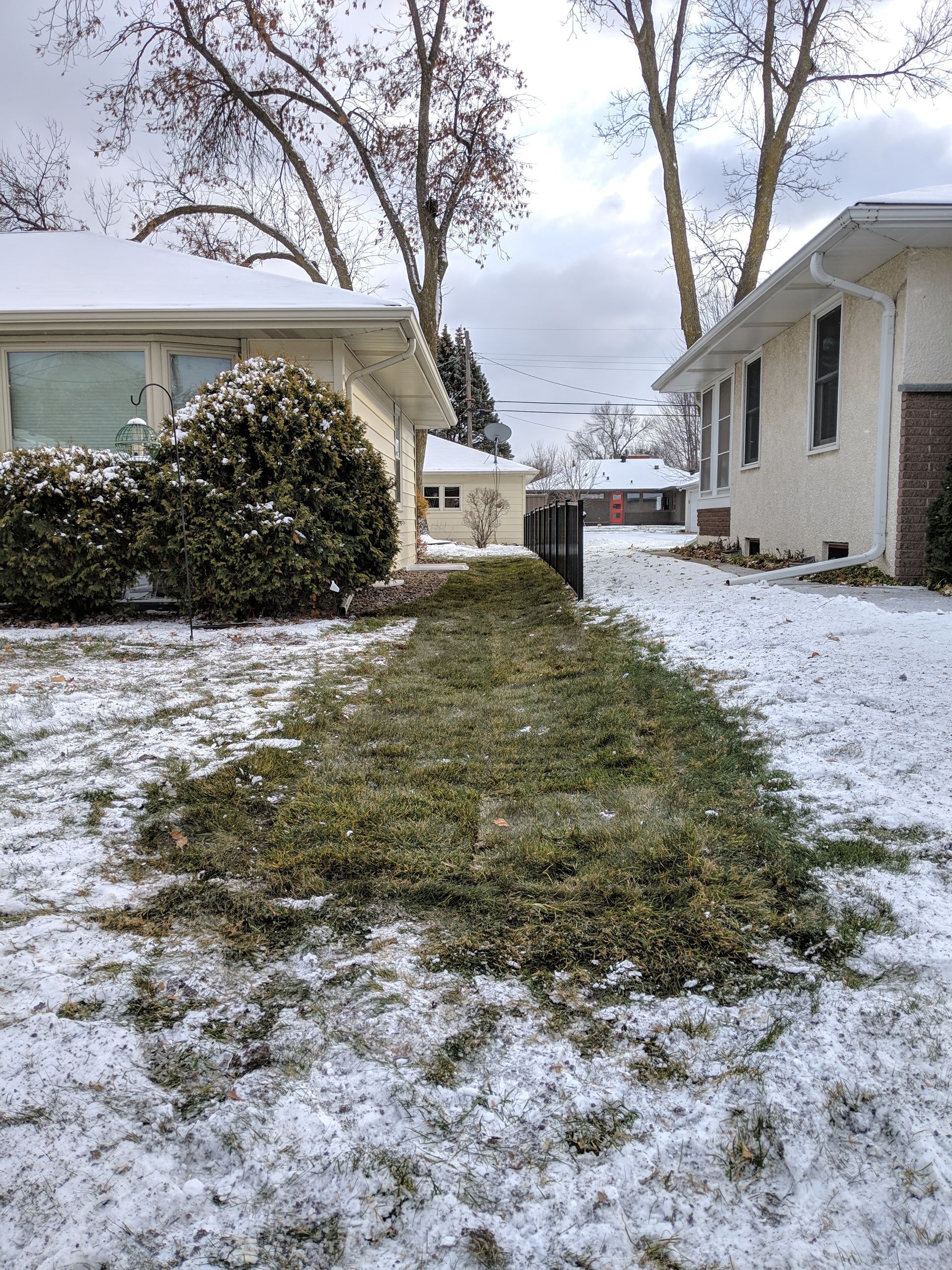 New side yard grading swale repaired with sod shows how lawn swale sends water out of the narrow side yard out toward the street in front yard