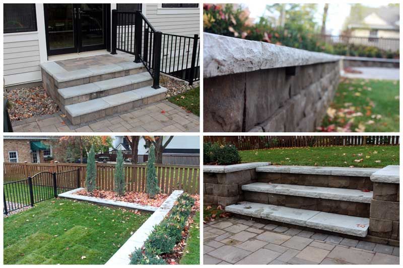 Four photos of stone steps, walls, and landscaping outdoors.