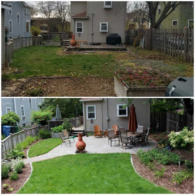 Whittier backyard before and after new patio, plantings and sod