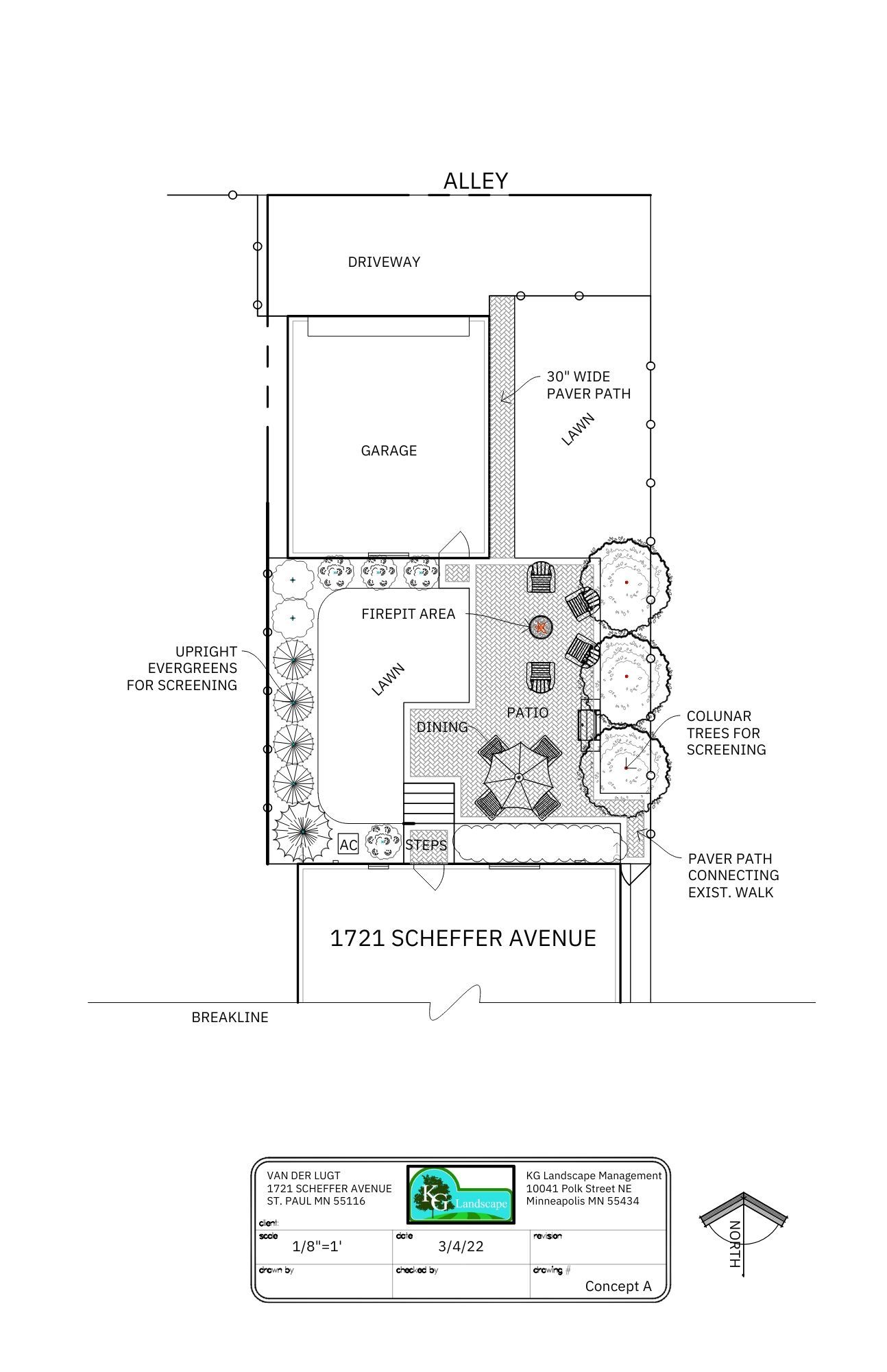 Architectural site plan for 2928 Scheffer Avenue showing a house footprint, patio, walkway, and landscaping elements.