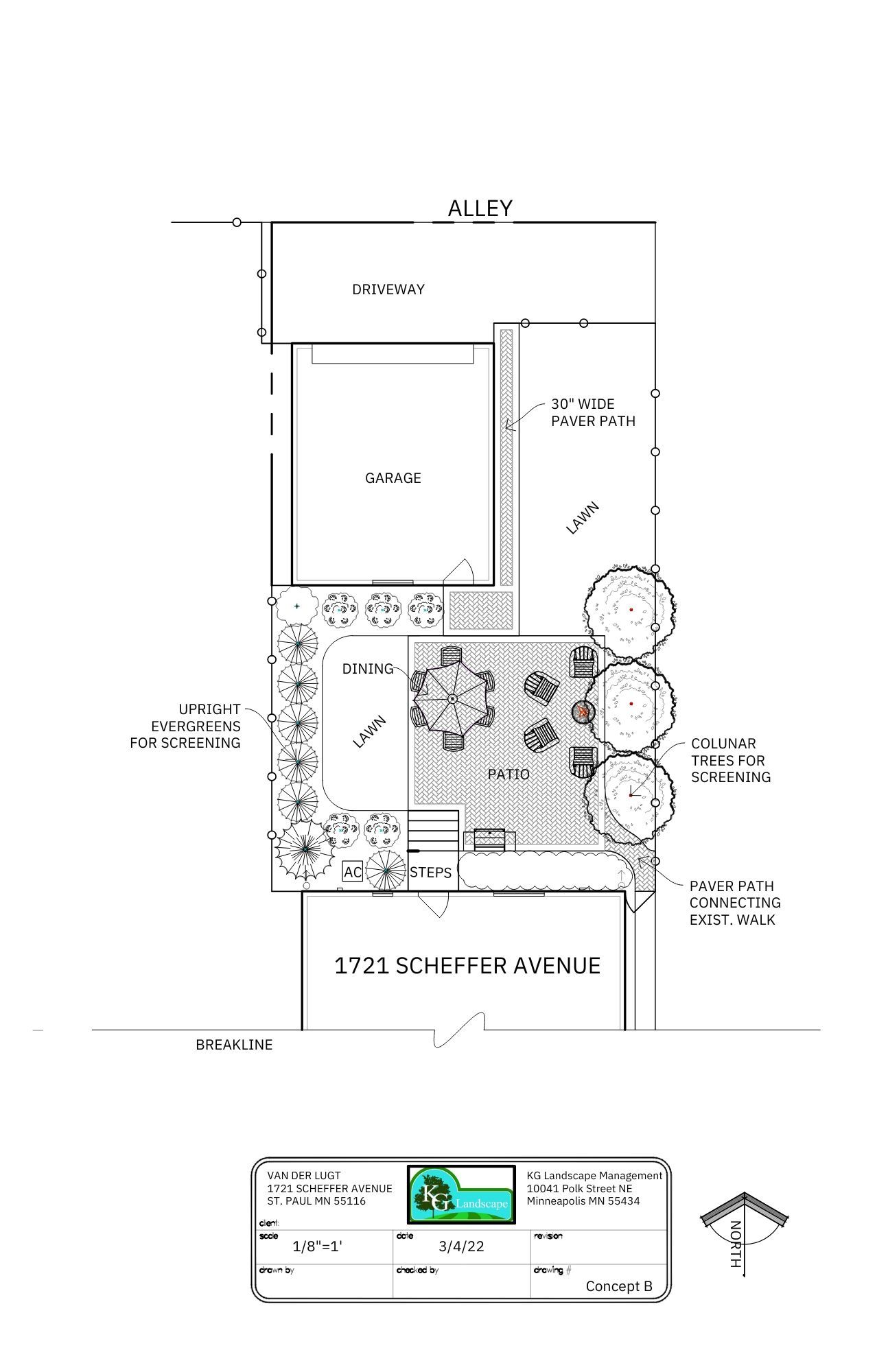 Architectural landscape plan for a residential backyard featuring a patio, garden beds, and trees.