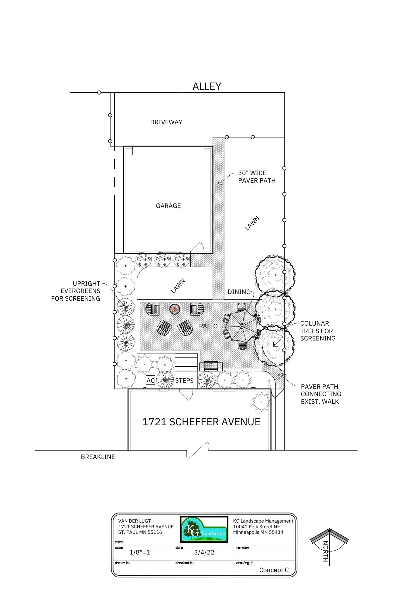 A site plan showing a residential property layout including a garage, patio, garden areas, and a walkway from an alleyway.