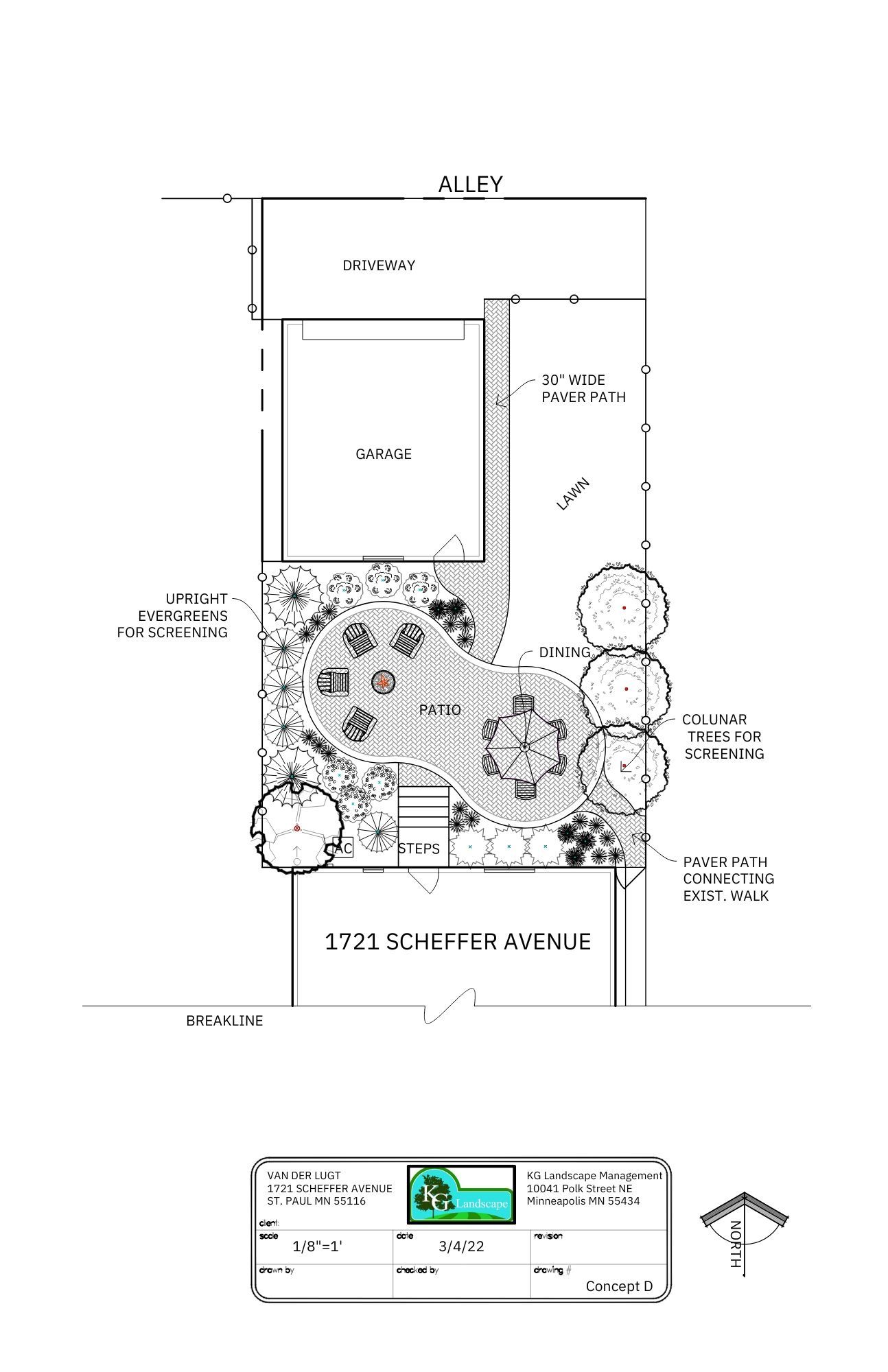Architectural site plan for 1709 Scofield Avenue showing a garage, patio, landscaping, and property boundaries.