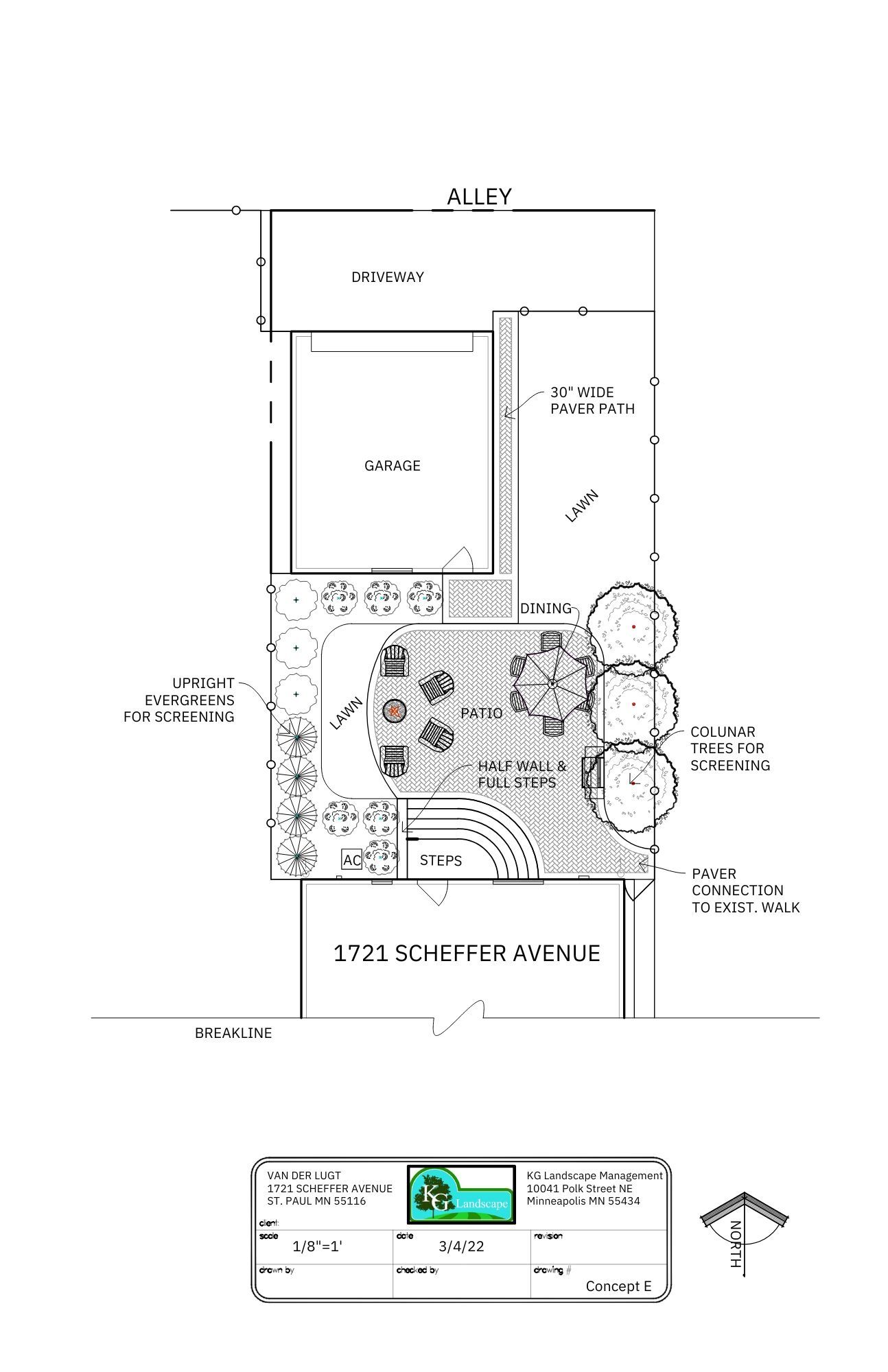 Architectural landscape site plan showing a patio layout, lawn area, planting beds, and property dimensions.