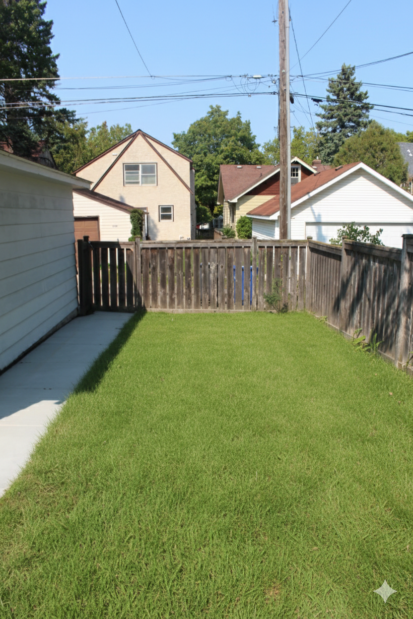 A small backyard with green grass, a concrete walkway on the left, and a wooden fence bordering the property.