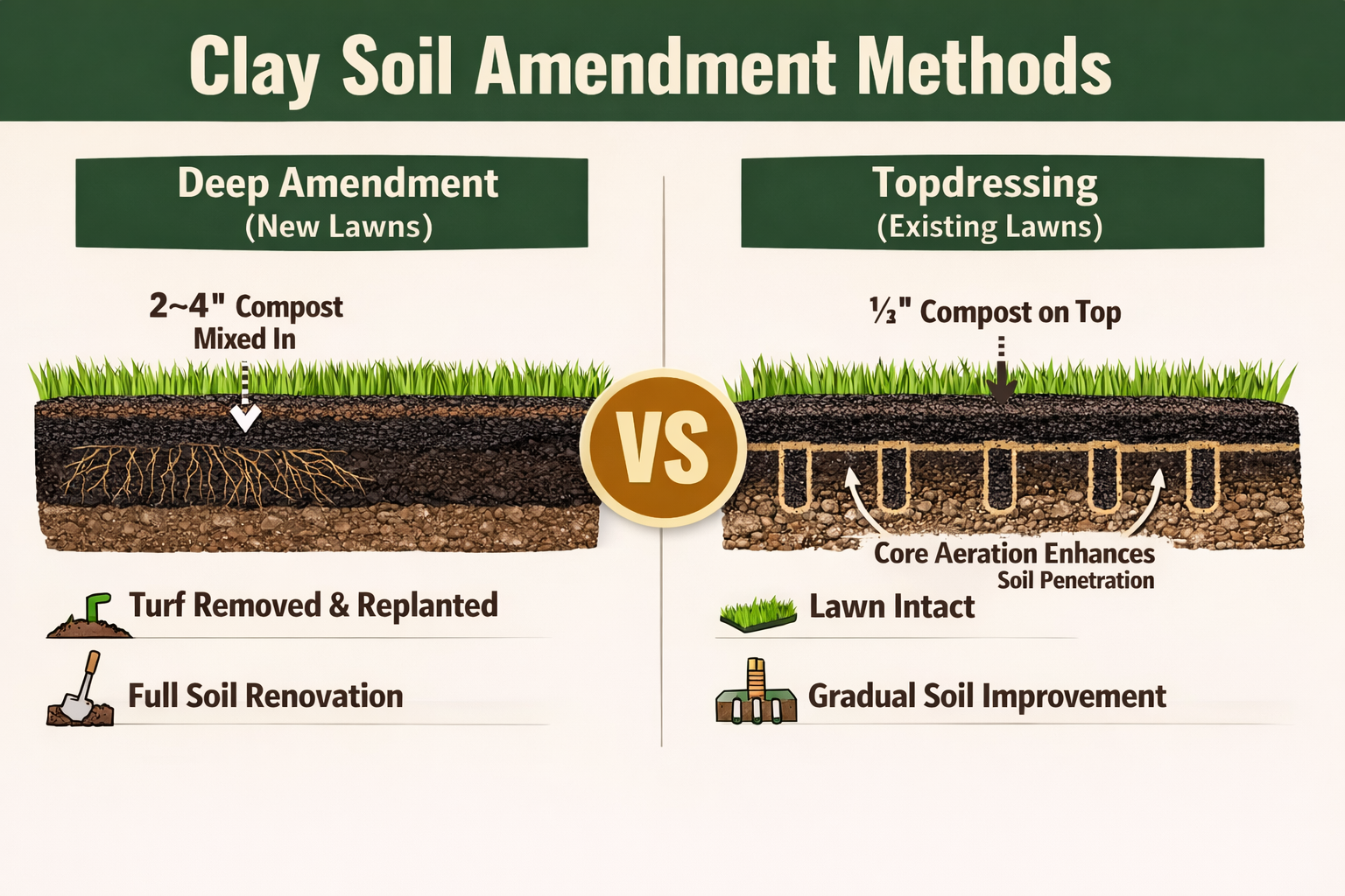 Comparison chart for clay soil: Deep Amendment for new lawns (tilling compost) vs. Topdressing for existing (aeration).