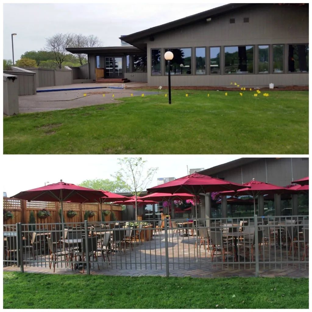Top: A building with windows and a grassy area with yellow objects. Bottom: Outdoor dining with tables, red umbrellas, and a fence.