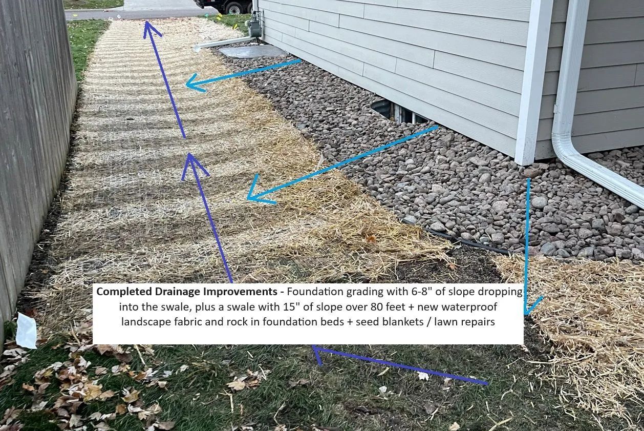 Foundation regrading and side yard drainage swale project showing how we regraded to send water away from problem area near the house 