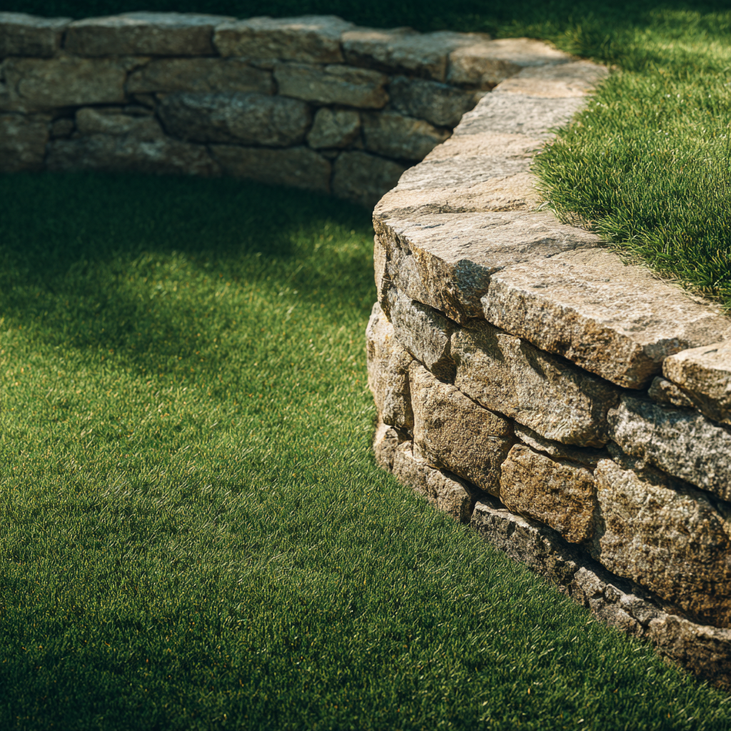 A curved, dry-stack stone retaining wall borders a lush green lawn on a sunny day.