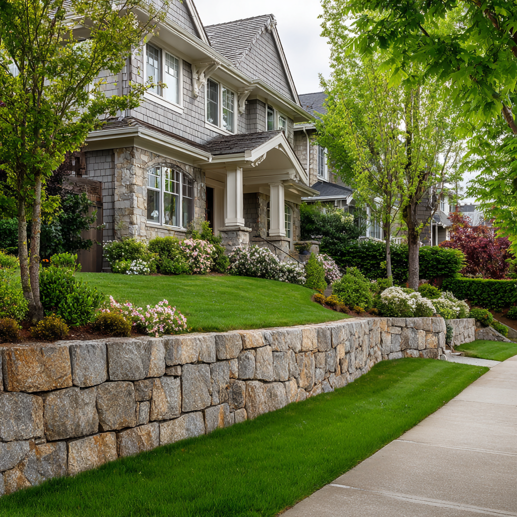 A two-story stone house with a lush green lawn, tiered stone retaining wall, and sidewalk on a sunny, tree-lined street.