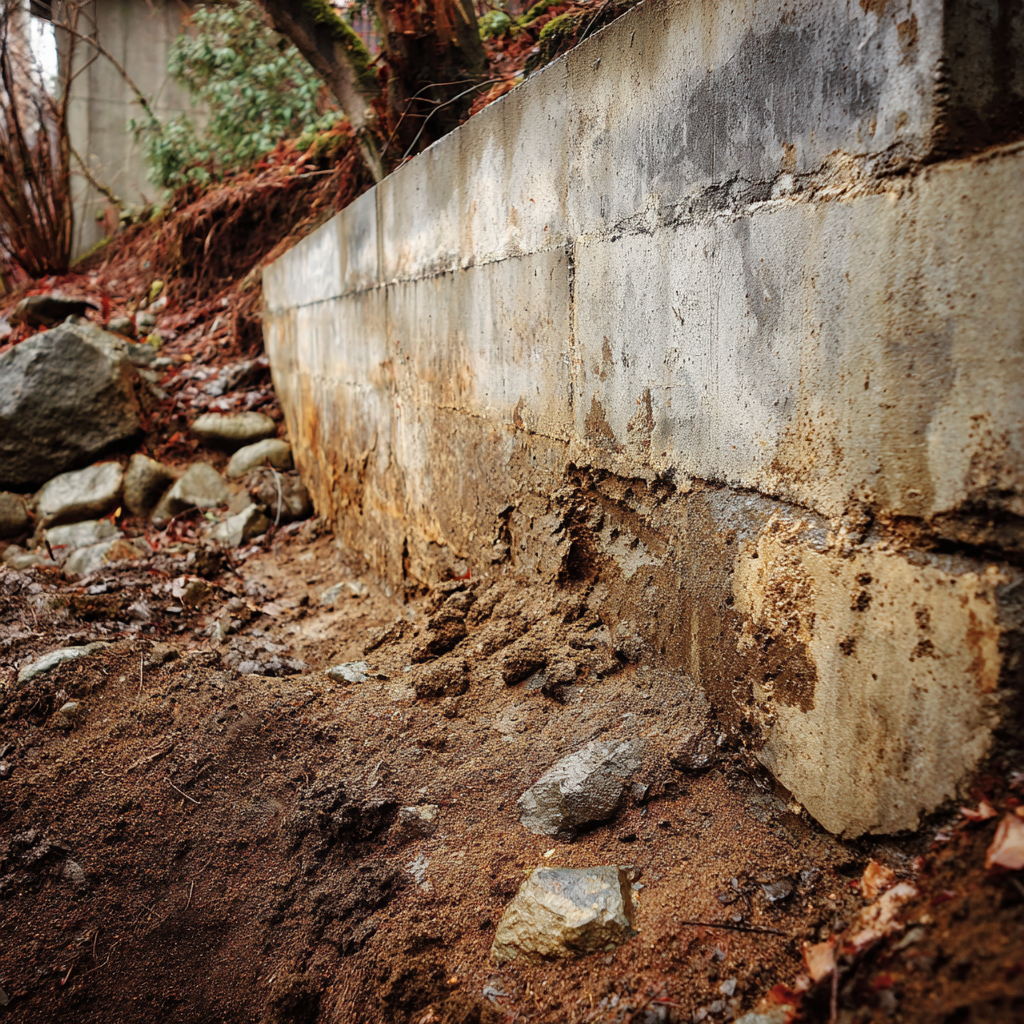 A crumbling, weathered concrete retaining wall stands next to a dirt slope with rocks and pine needles.