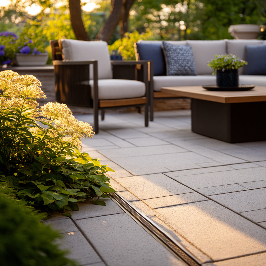 Patio with outdoor furniture, including a couch and chair, and flowering plants.