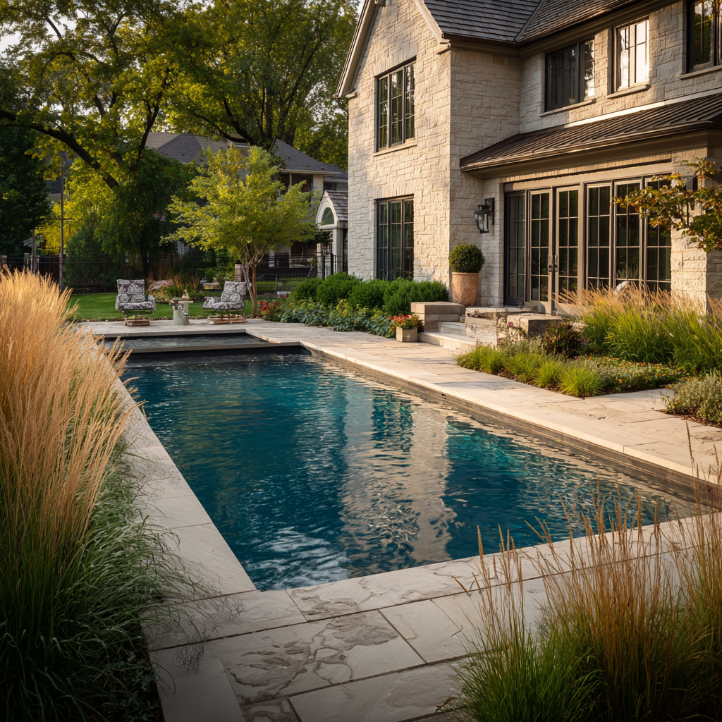 Backyard pool beside a two-story brick house with landscaping and patio furniture.