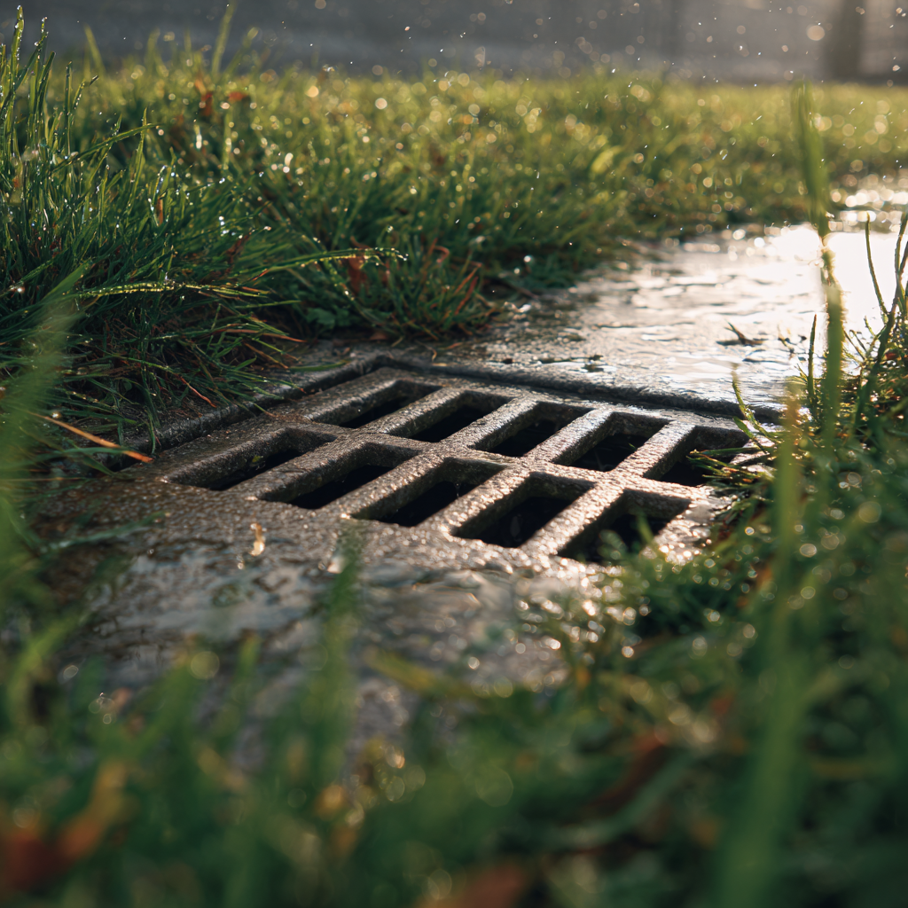 drain in lawn with water running into it made of metal