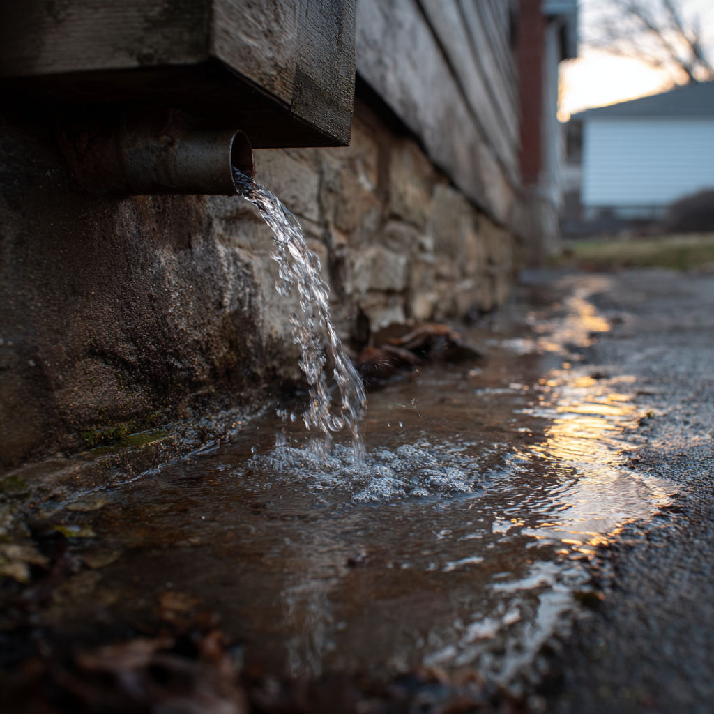 Water flows from a building's drainage pipe onto a dark, wet ground surface during sunset.