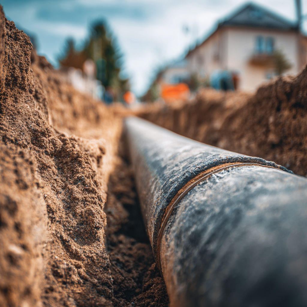 A large dark pipe lies in an open dirt trench in front of a blurred house.