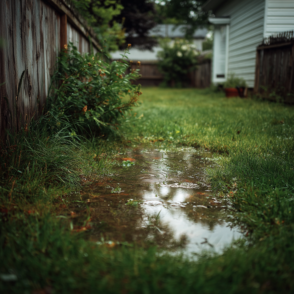 A muddy puddle in a grassy backyard between a wooden fence and the side of a white house.