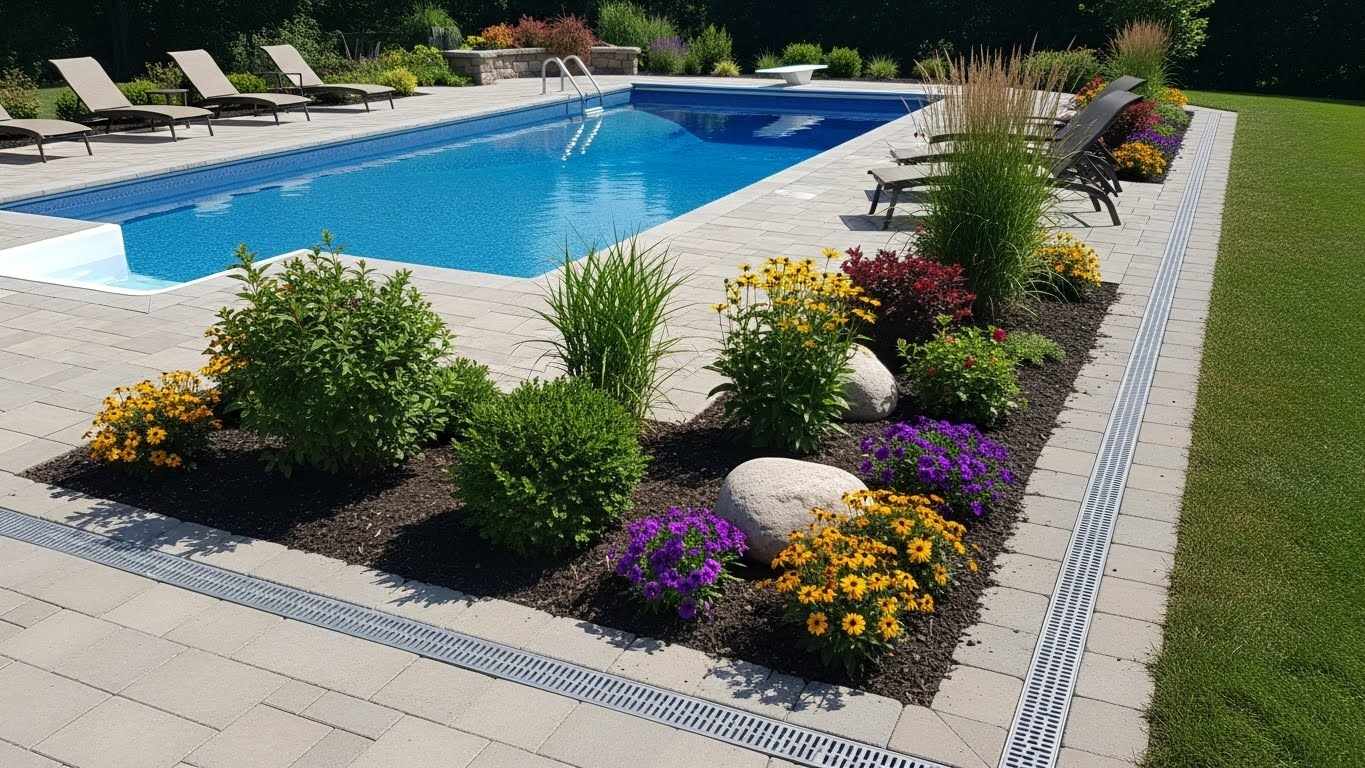 A rectangular swimming pool surrounded by a stone patio and a garden bed featuring colorful flowers and shrubs.
