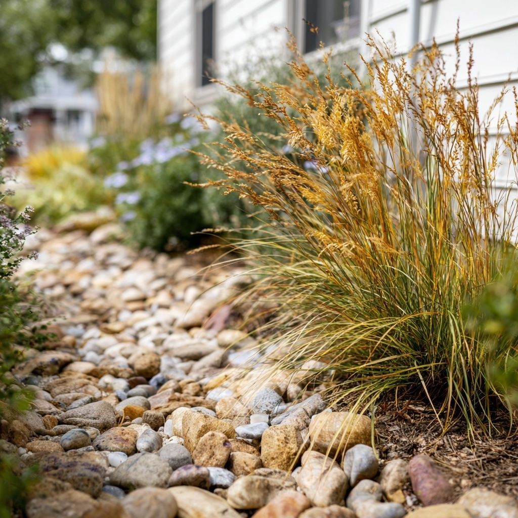 Rocky dry creek bed with golden ornamental grass in a residential garden.