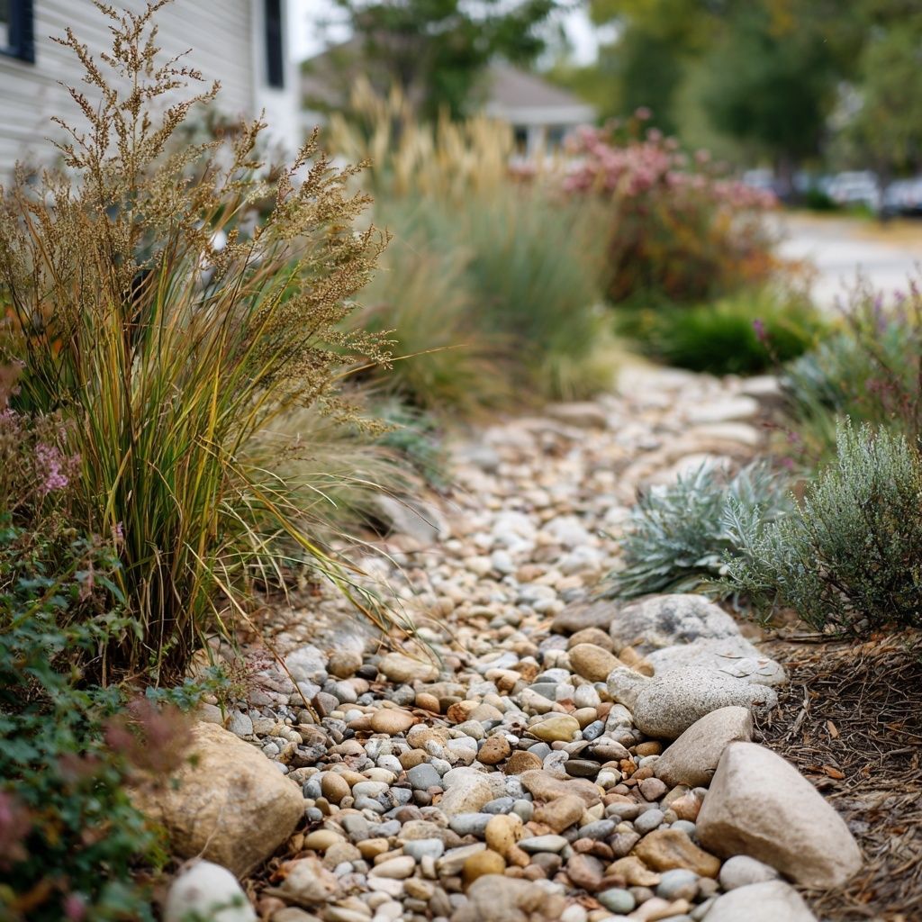 Dry creek bed with rounded stones, bordered by grasses and low-growing plants in a residential setting.