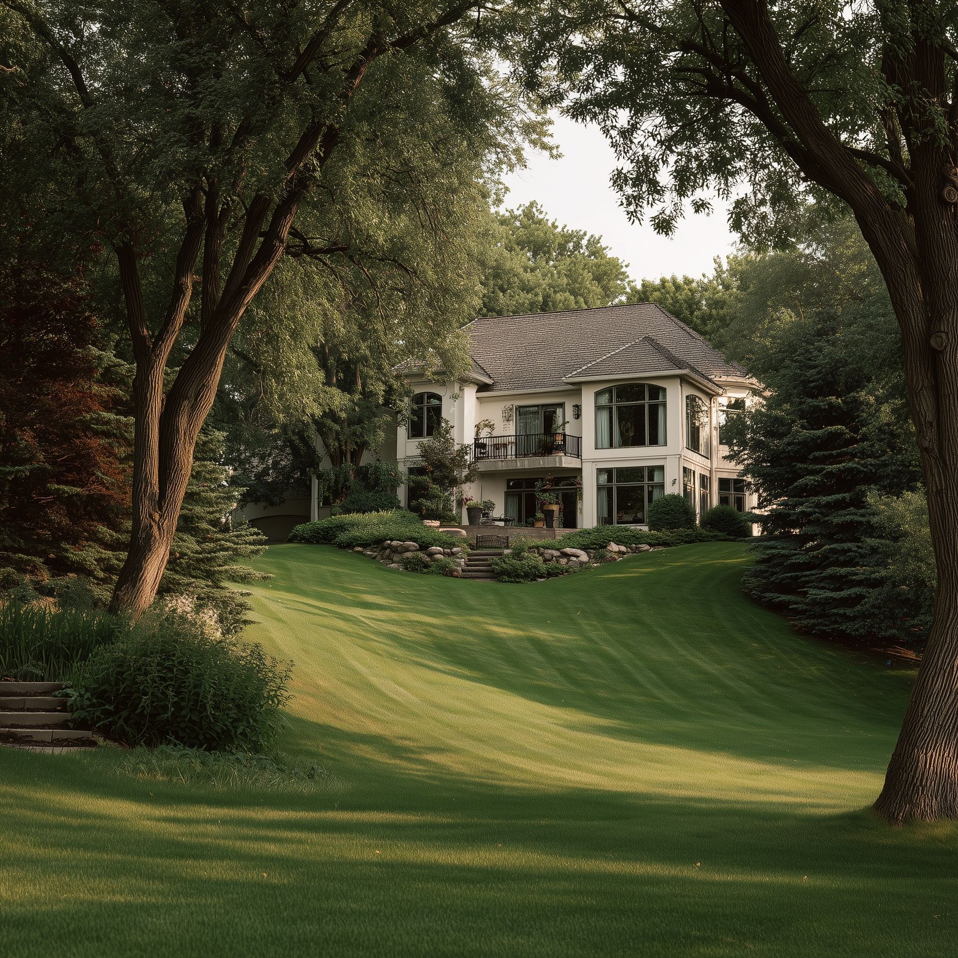 White house nestled in lush, green sloping lawn framed by trees.