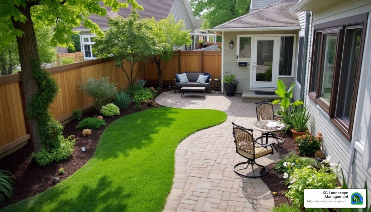 A backyard with a curved lawn, paved patio, seating areas, trees, and wooden fence.