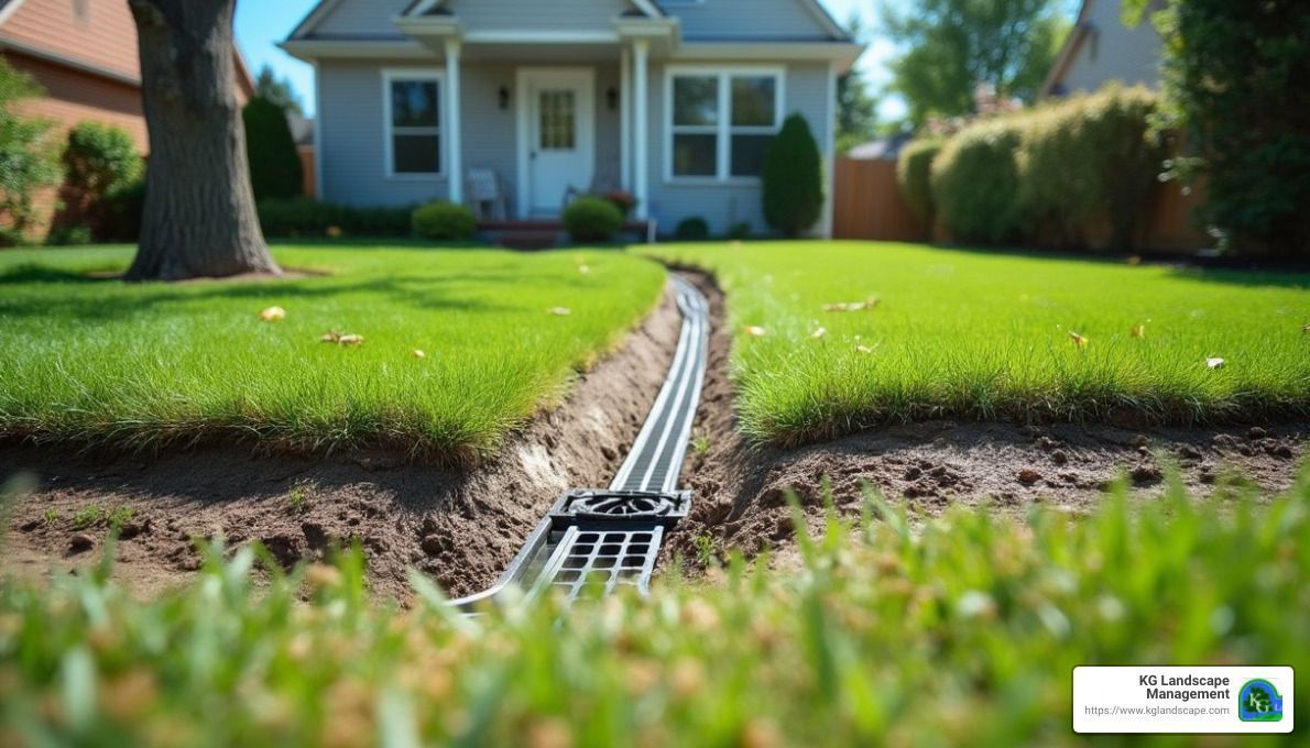 A house with a drain in the grass in front of it