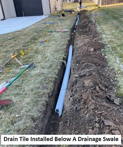 Drain tile being installed in a clay lawn in MN by KG landscape