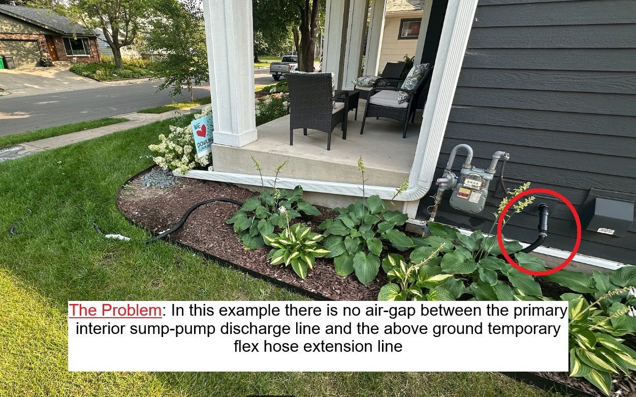 Marked up before image of the problem, bad connection - black exterior sump pump hose connects to sump outlet with no airgap, can completely stop functioning when line freezes in snow / ice