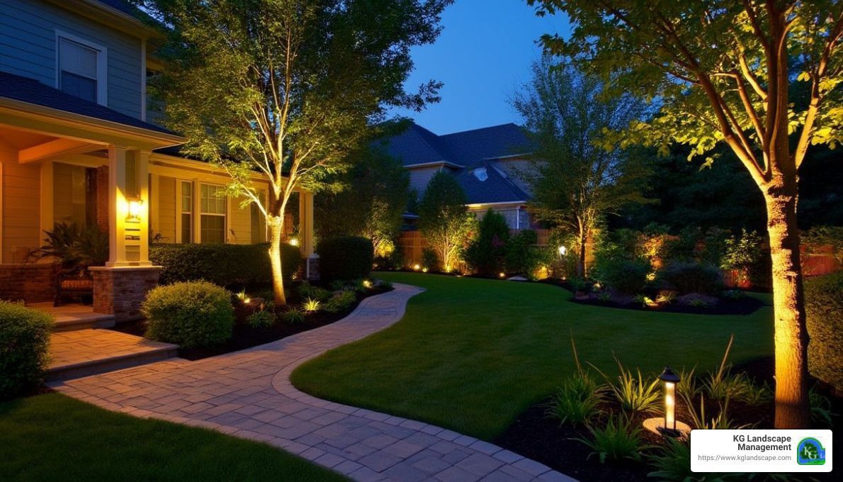 Night view of a house with a lit pathway, trees, and landscaping, creating a welcoming atmosphere.