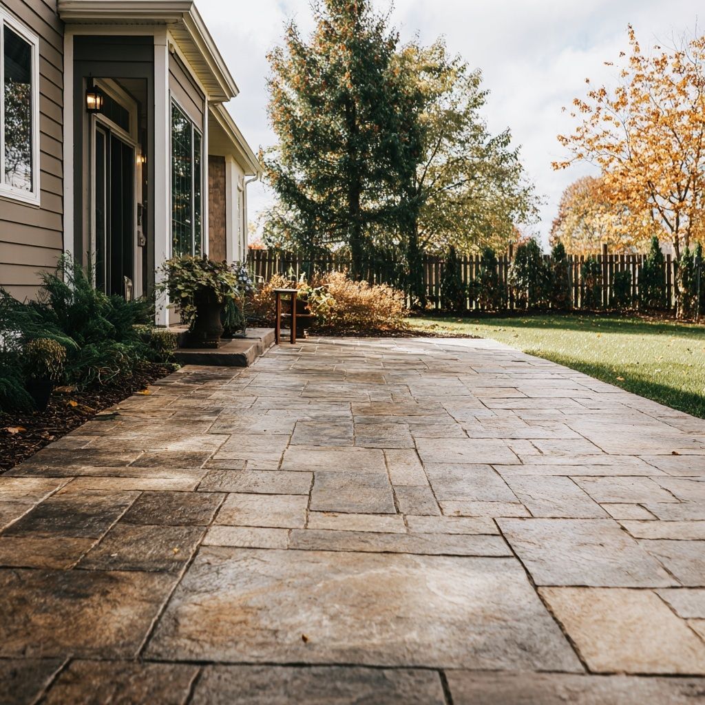 Stone patio leading to a house with a grassy lawn, trees, and a cloudy sky.