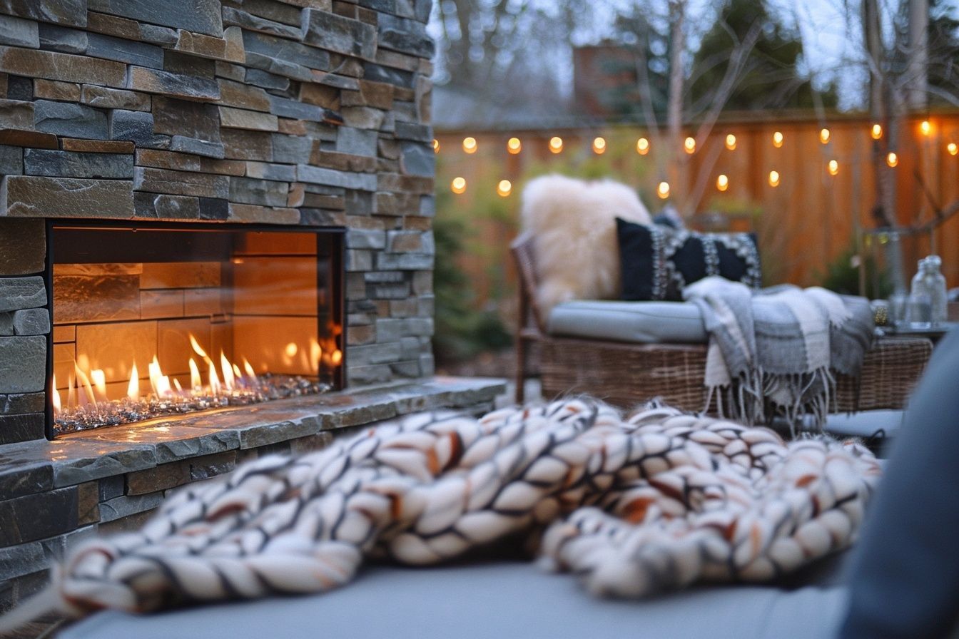 Outdoor fireplace with stacked stone, flames, and cozy seating area.