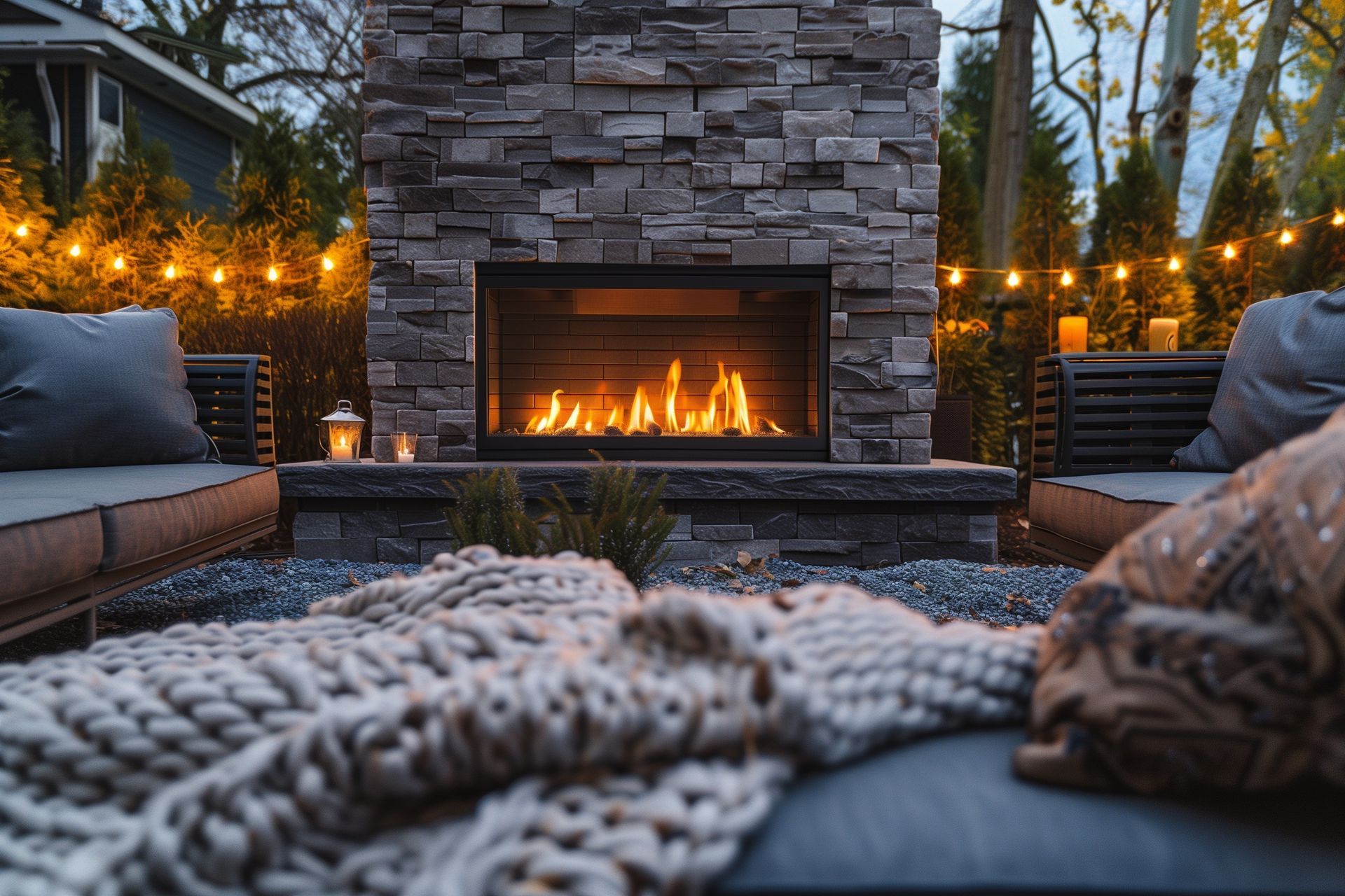 Outdoor stone fireplace with flames, seating, and string lights at dusk.