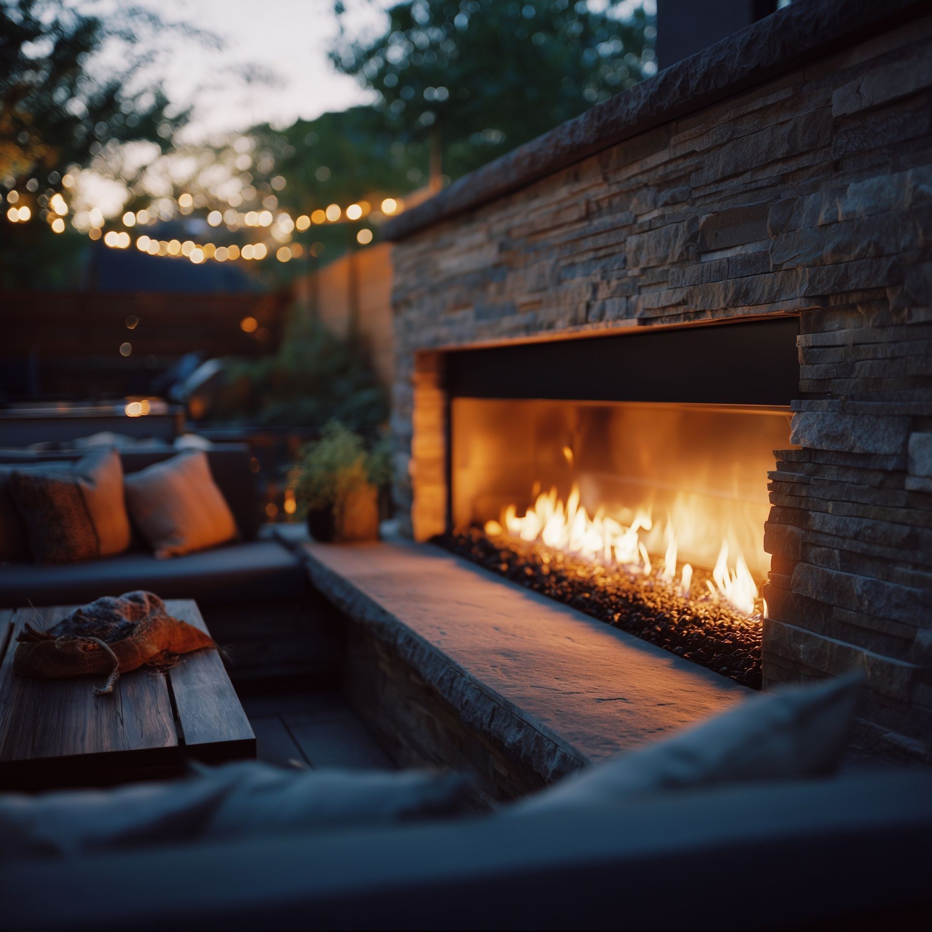 Outdoor fireplace with flames, stone facade, seating area, string lights, and wooden table.