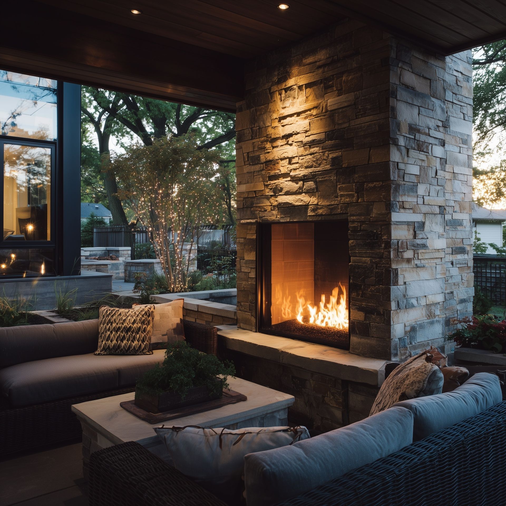 Cozy outdoor living space with a lit stone fireplace, sofas, and coffee table at dusk.